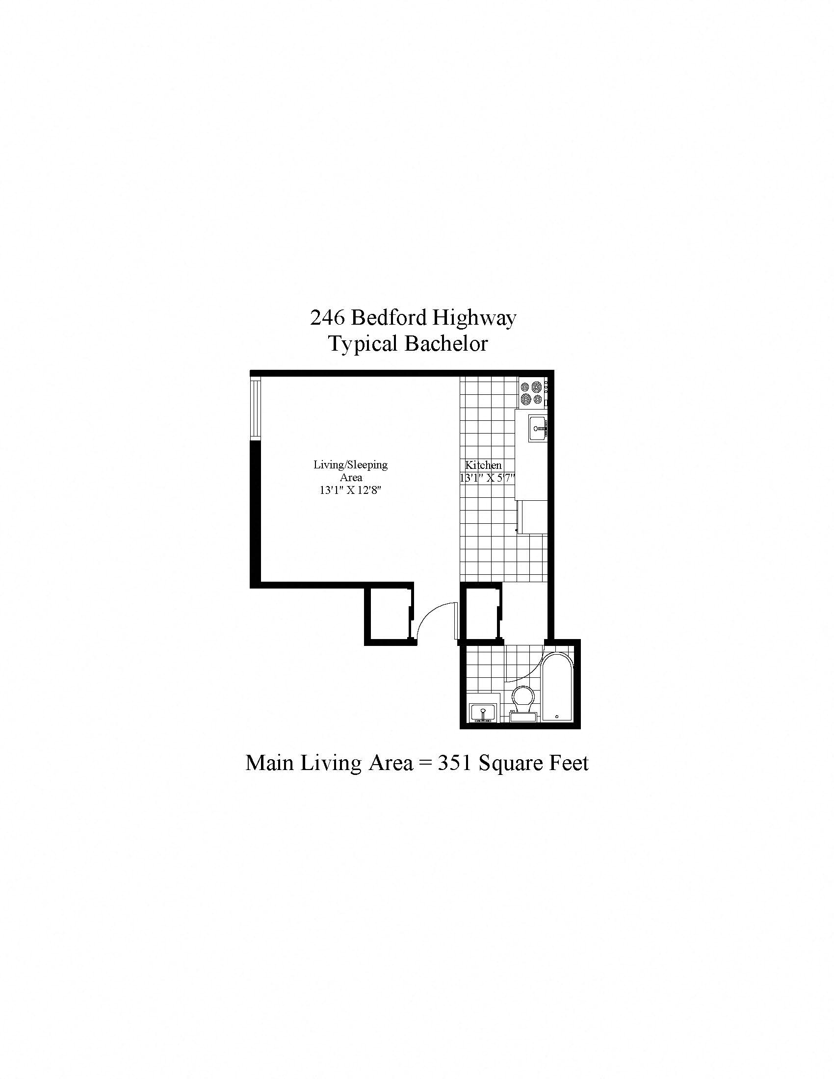 Floor plan for studio, 1 bath, 351 sqft